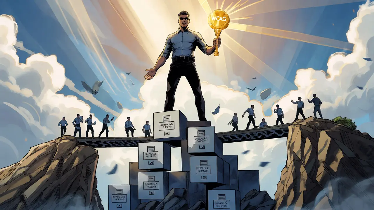 Heroic figure standing on semantic code blocks holding a compliance scepter