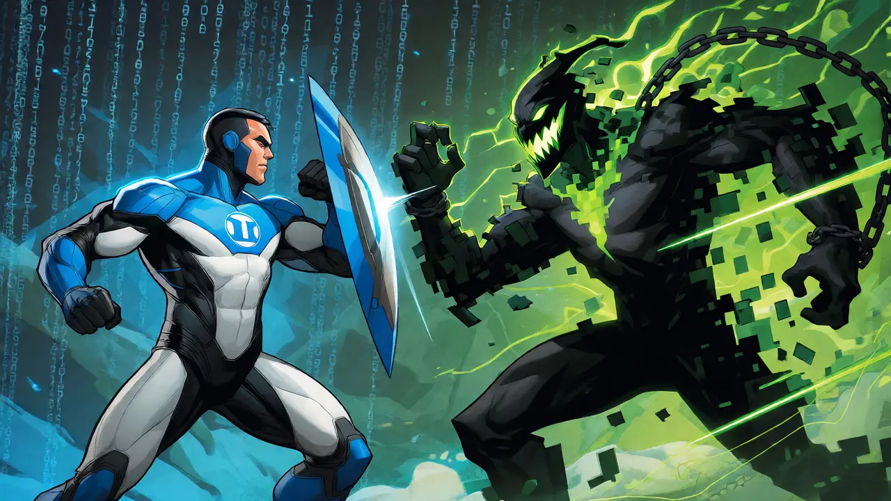 Heroic permissive license avatar battling a glitchy copyleft villain.