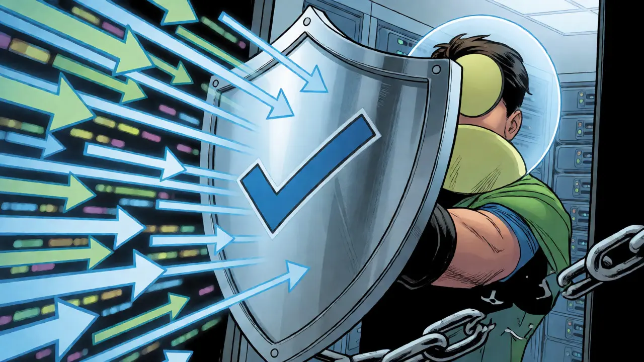 Heroic shield blocking data arrows representing consent gates and data deletion rights in DC comic style.