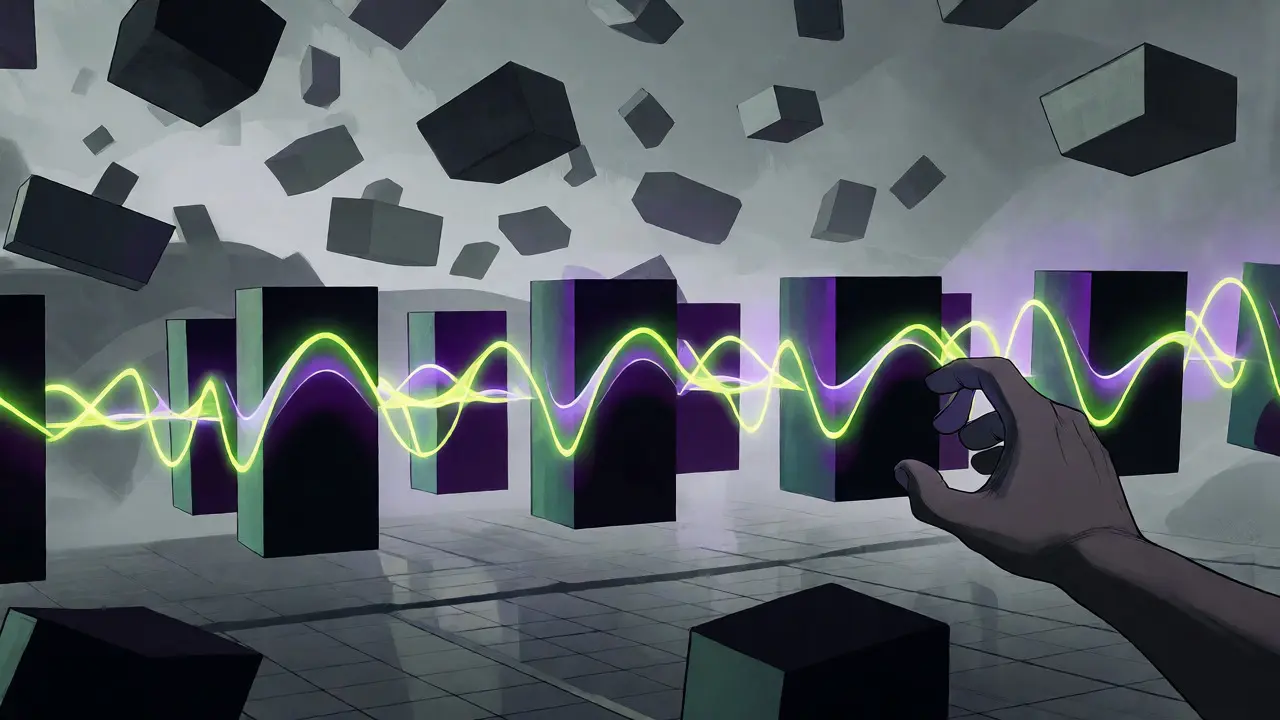 Neon sine waves organizing chaotic floating shapes into a structured sequence.