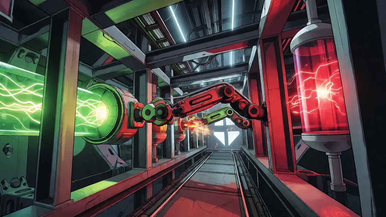 Robotic arms swapping colorful energy modules in a tech corridor