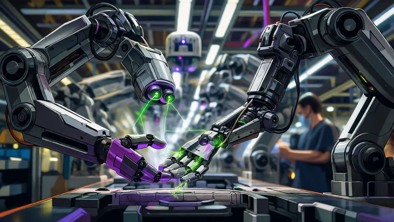 Robotic arms using vision and touch sensors on a manufacturing line