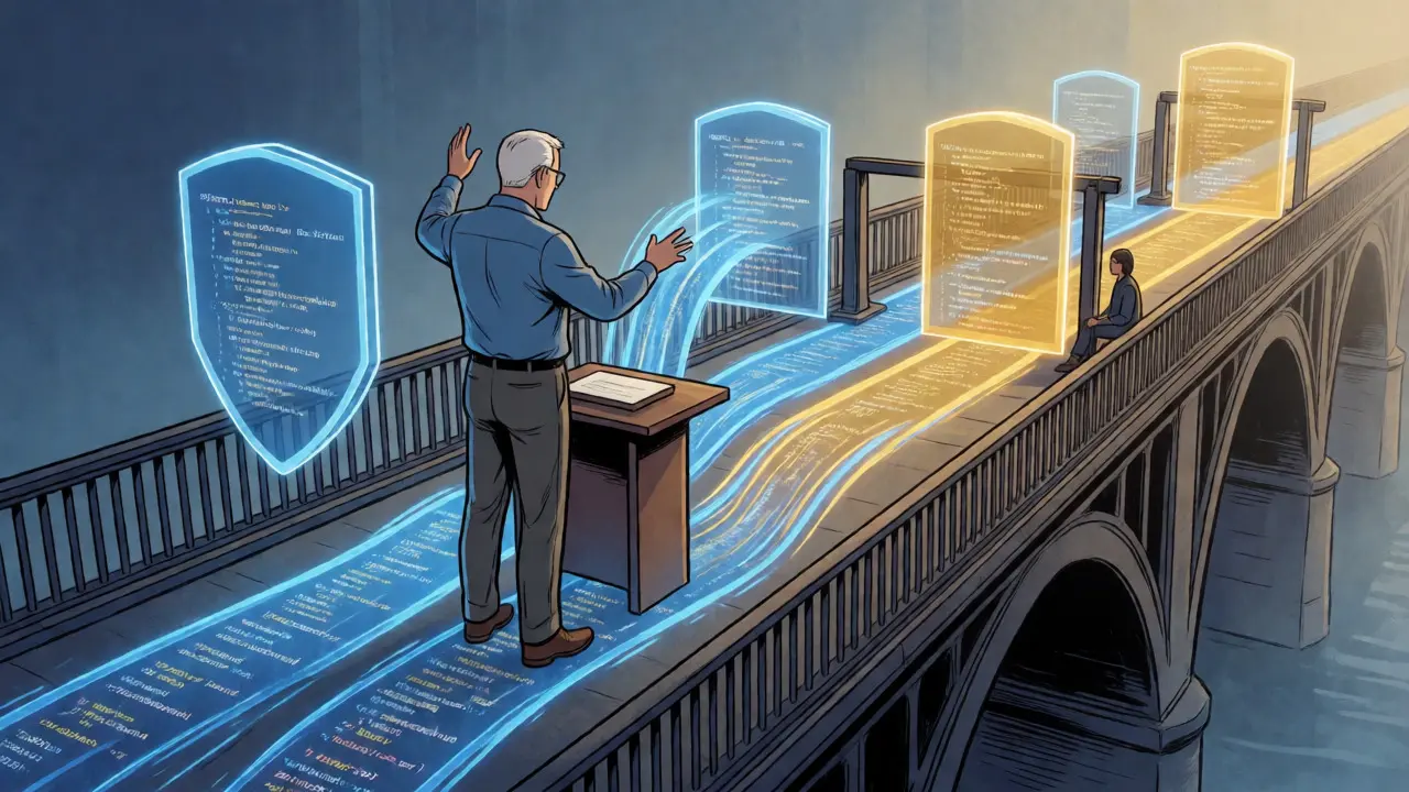 Senior developer balancing human and AI code streams into a stable architectural bridge.