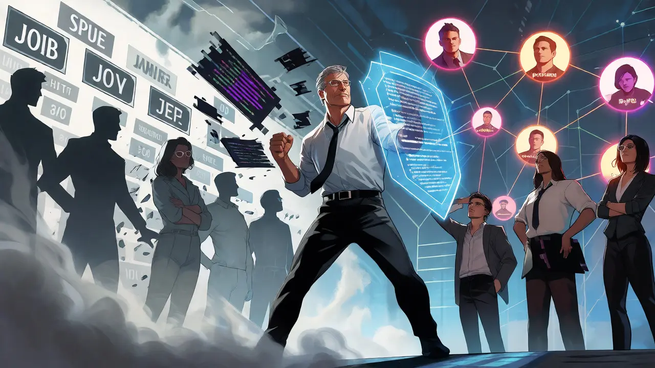 Senior engineer shielding junior staff from glitches while digital skill threads connect a modern team.