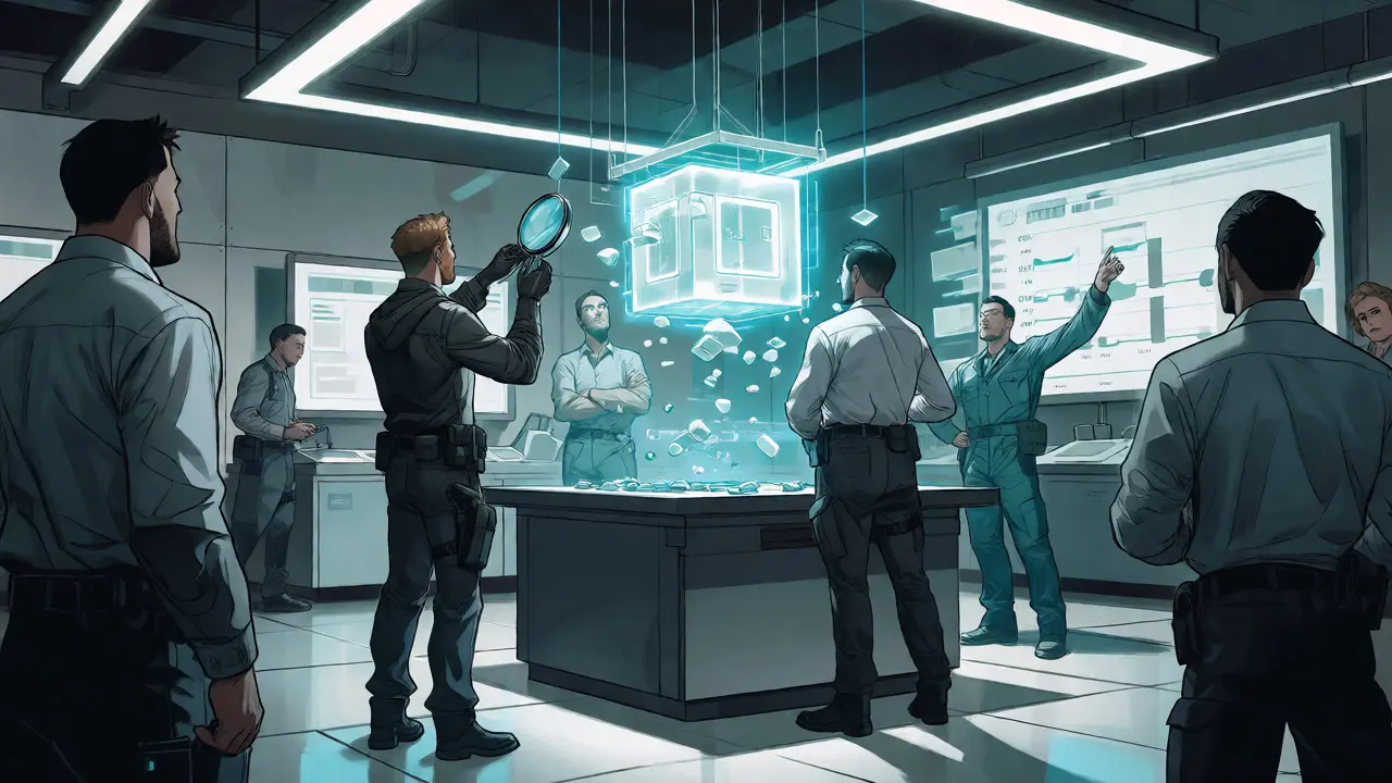 Specialists analyzing floating data cubes in a forensic AI recovery lab