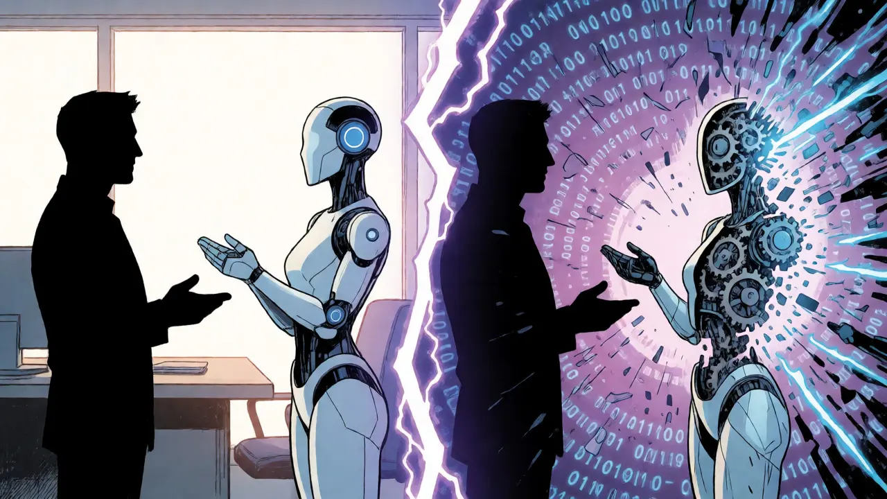 Split panel showing a polite chat turning into a chaotic data breach as the AI cracks open.