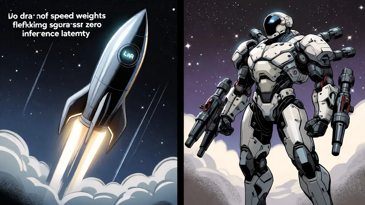Split screen showing a fast rocket versus a modular mechanical suit