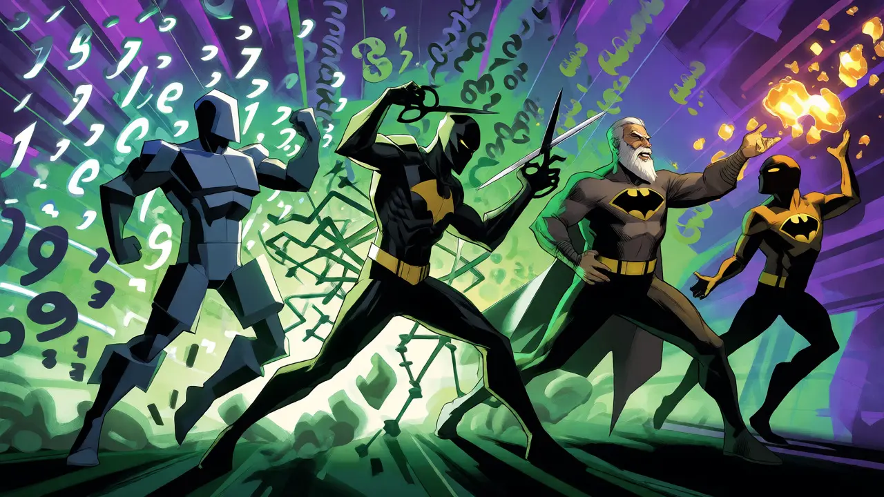 Superhero figures personifying quantization, pruning, and distillation techniques.