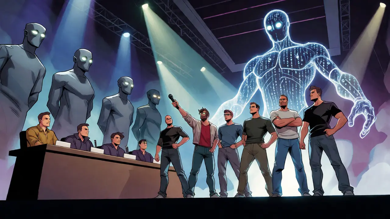 Team pitching to judge-figures with an AI avatar looming behind in comic style.
