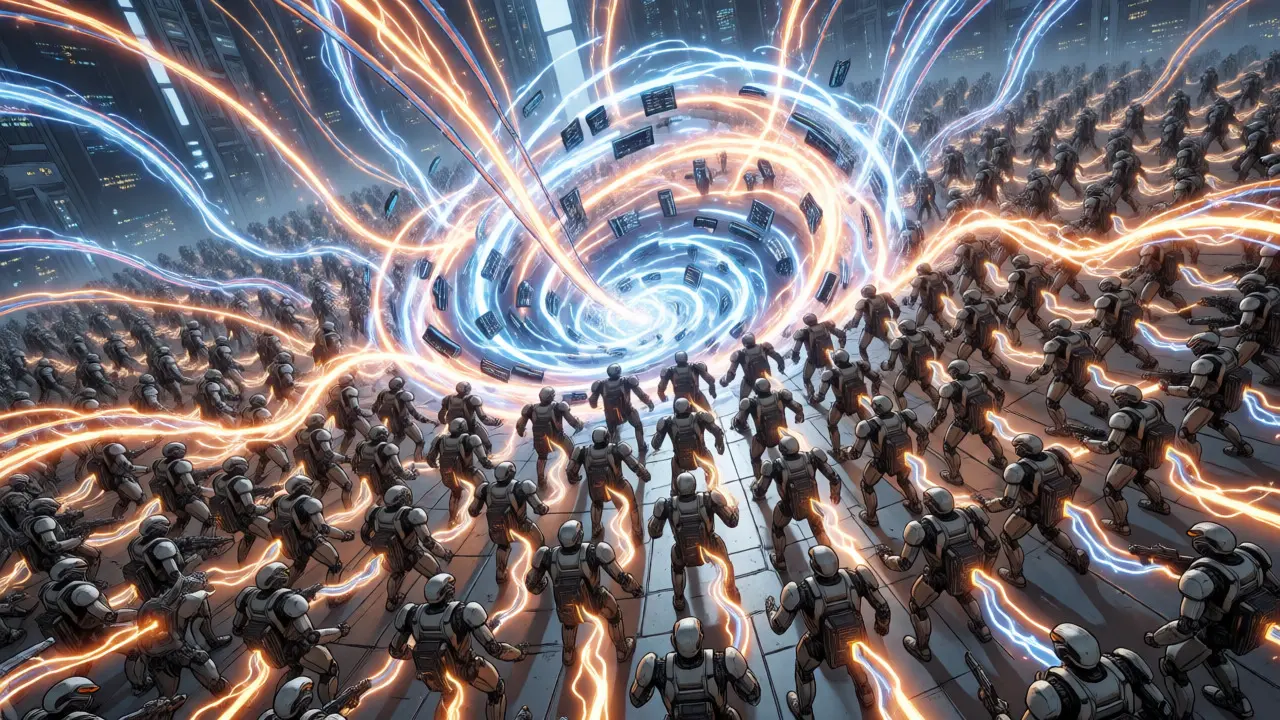 Thousands of GPU robots tangled in data cables causing bottlenecks.