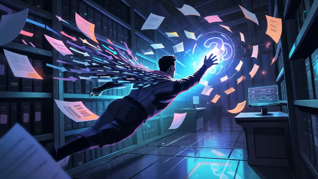A caped hero diving through floating documents, representing semantic search and retrieval processes.