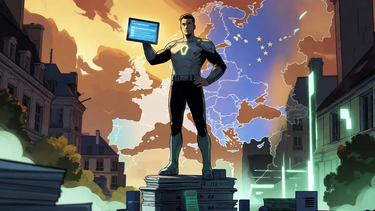 A hero presents usage disclosures under the glow of EU AI regulation symbols.