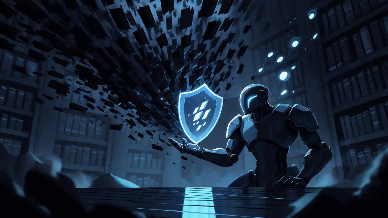 AI robot deflecting a wave of data using a focused shield fed by external knowledge sources.