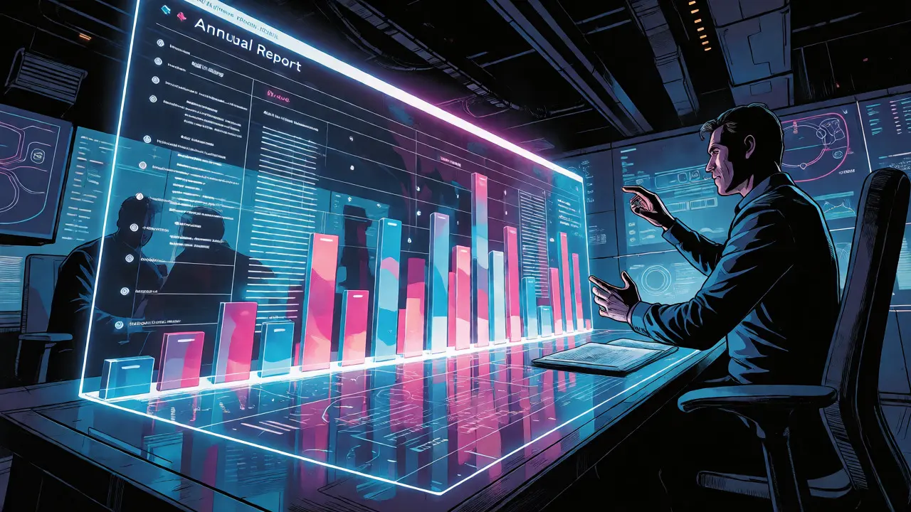 Analyst interacting with a 3D holographic chart projection in a high-tech office.