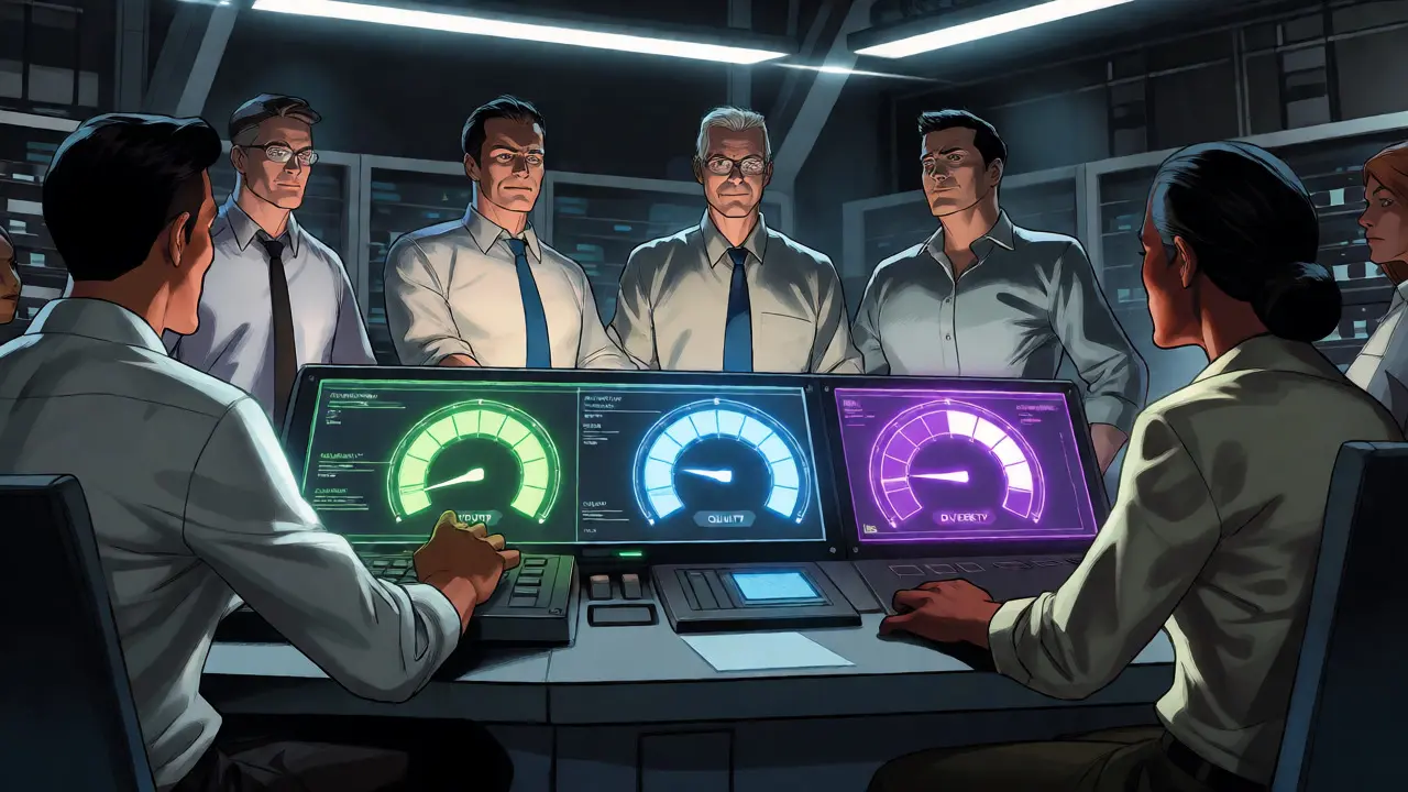 Analysts monitoring holographic dashboards for diverse AI evaluation metrics