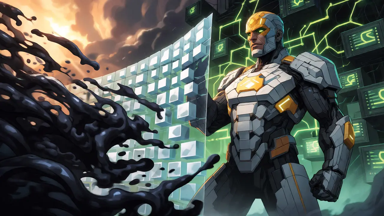 Armored guardian filtering dark data sludge through a glowing barrier in a heroic pose.