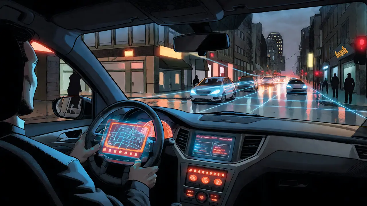 Autonomous car with holographic AI interface scanning a rainy city street