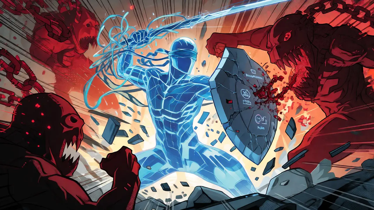 Blindfolded AI warrior fighting off red byte-monsters with a cracked shield amidst chaos.