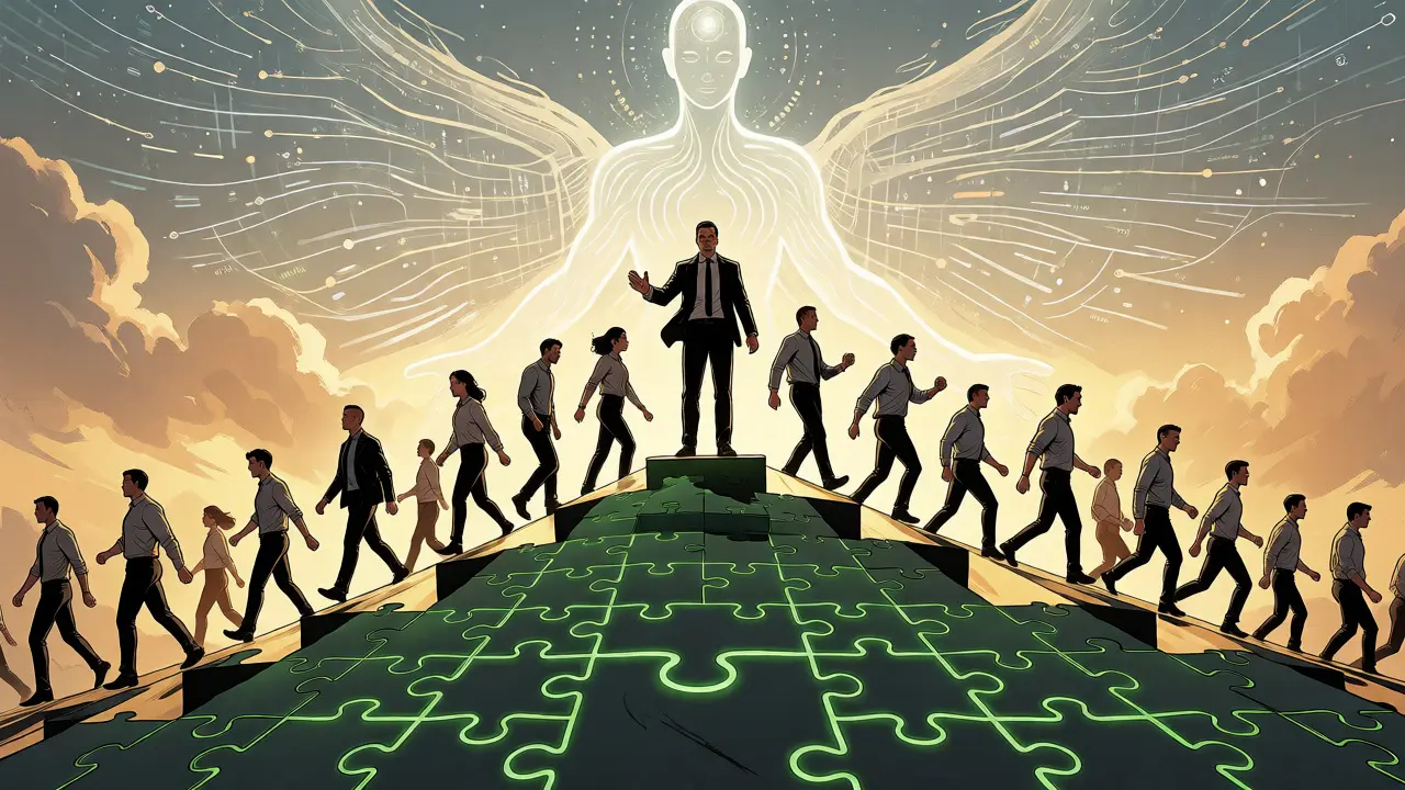 Confident team ascending a staircase of success under a benevolent AI guardian.