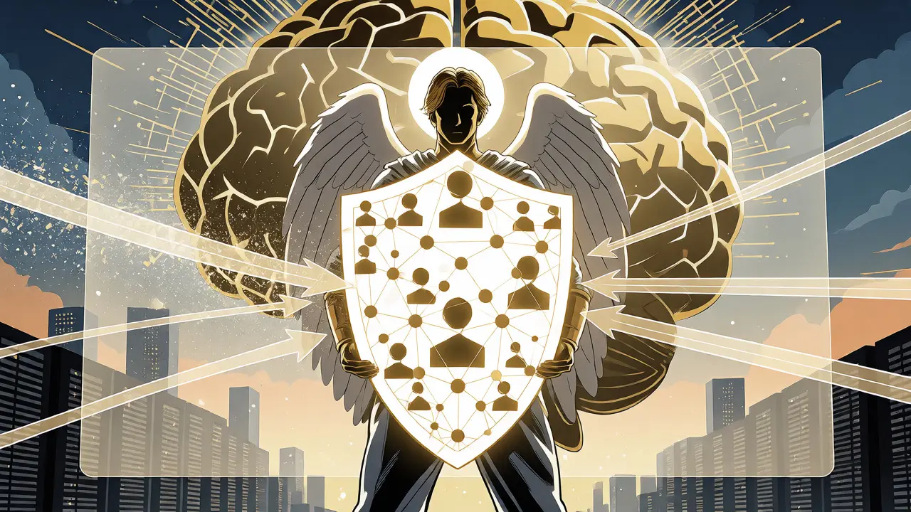 Data privacy guardian holding a digital shield against an AI brain, ensuring secure processing.