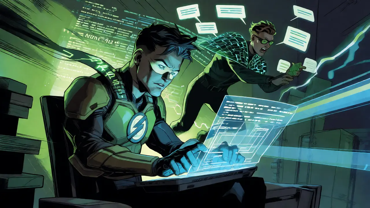 Developer and support agent depicted as superheroes accelerating work with AI-powered speed and efficiency.