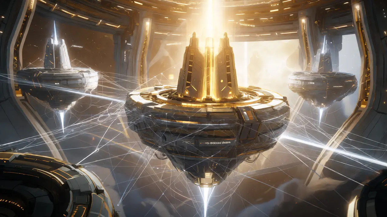 Floating golden fortress of critical code surrounded by connected testing networks.