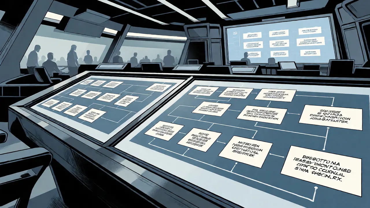 Futuristic control center with clear, accurate flowcharts on display