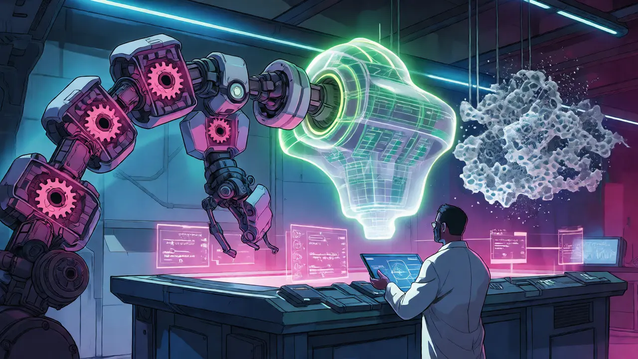 Futuristic lab displaying block-causal, context-causal, and diffusion mechanisms.