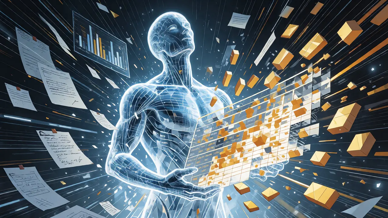 Glowing AI figure organizing a complex financial table into structured golden blocks.