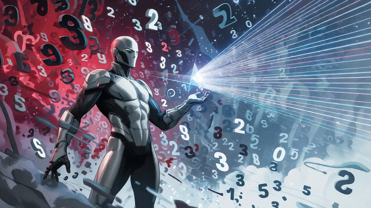 Hero using a prism to simplify complex matrices into linear beams, symbolizing Performer.