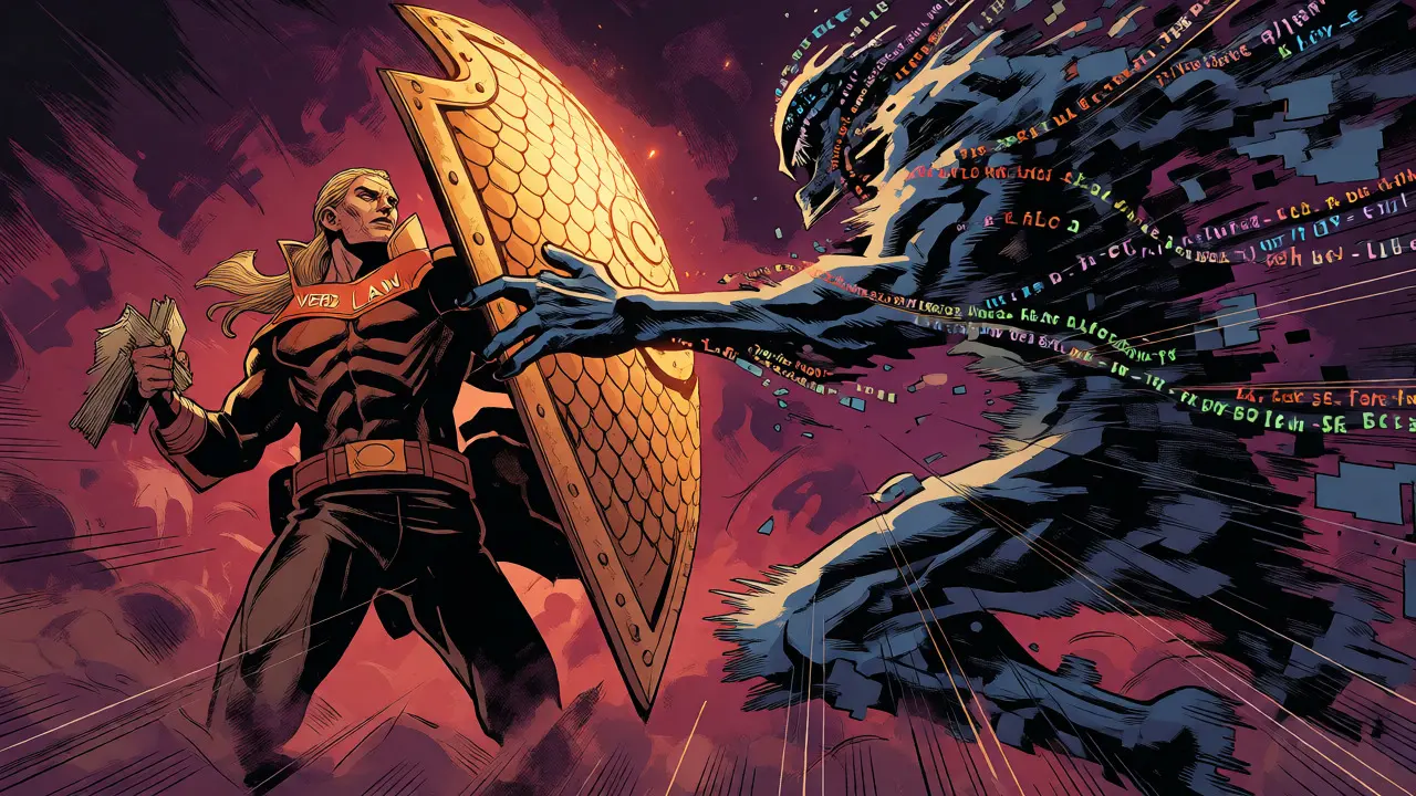 Heroic legal truth battling chaotic AI hallucinations in comic book art