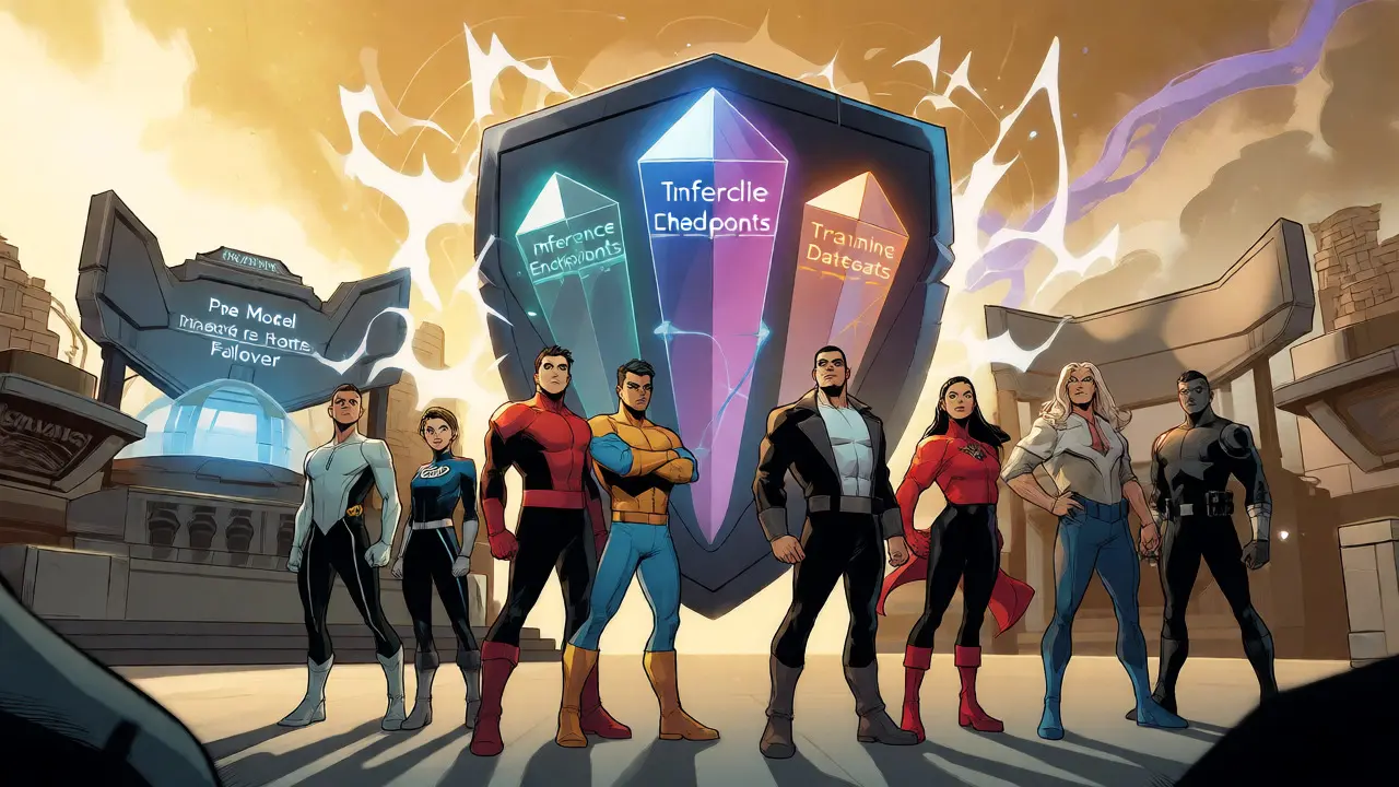 Heroic team defending behind a shield representing LLM backup pillars.