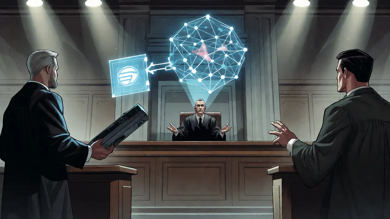 Holographic neural network evidence displayed in a futuristic DC-style courtroom setting.