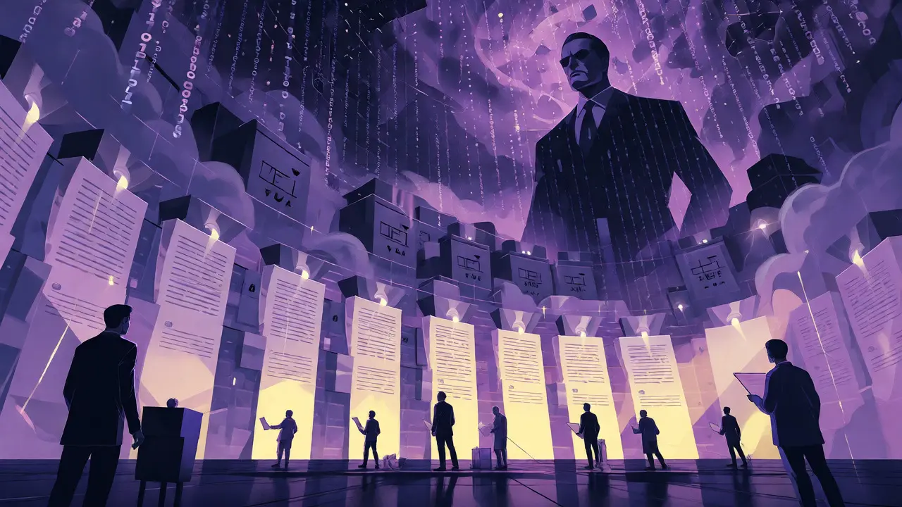 Human gatekeepers reviewing AI outputs under regulatory oversight in comics
