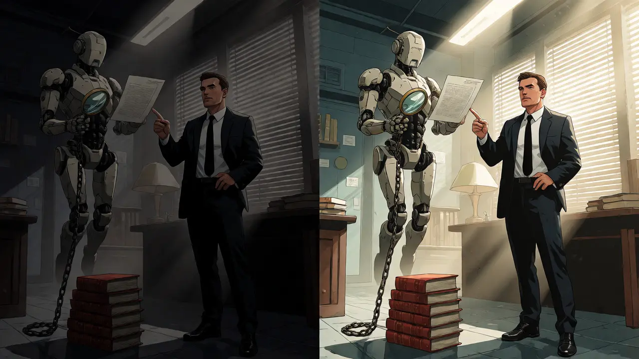 Lawyer supervising a robotic legal assistant verifying documents