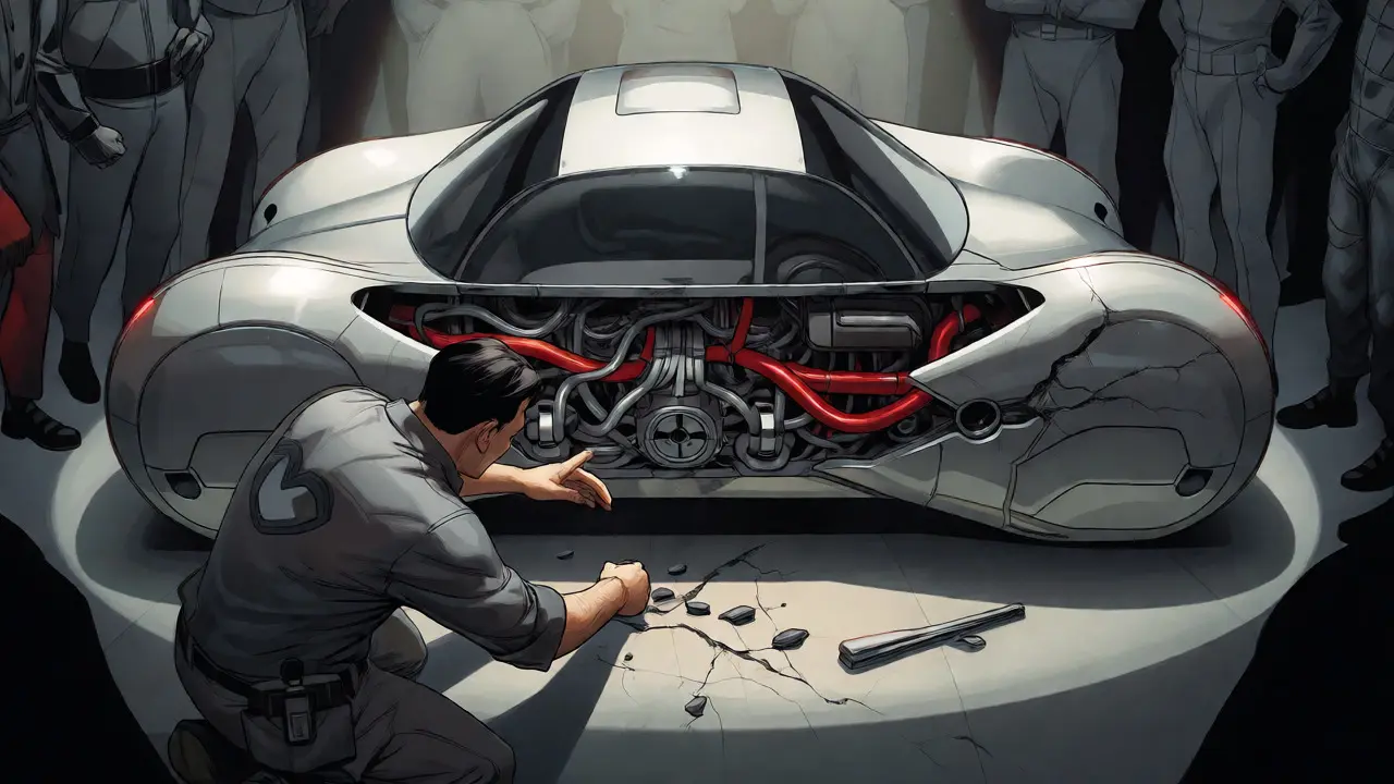 Mechanic inspecting hidden technical debt in a sleek prototype
