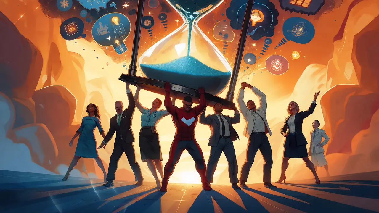 Professionals lifting a giant hourglass, turning saved time into strategic innovation and collaboration.