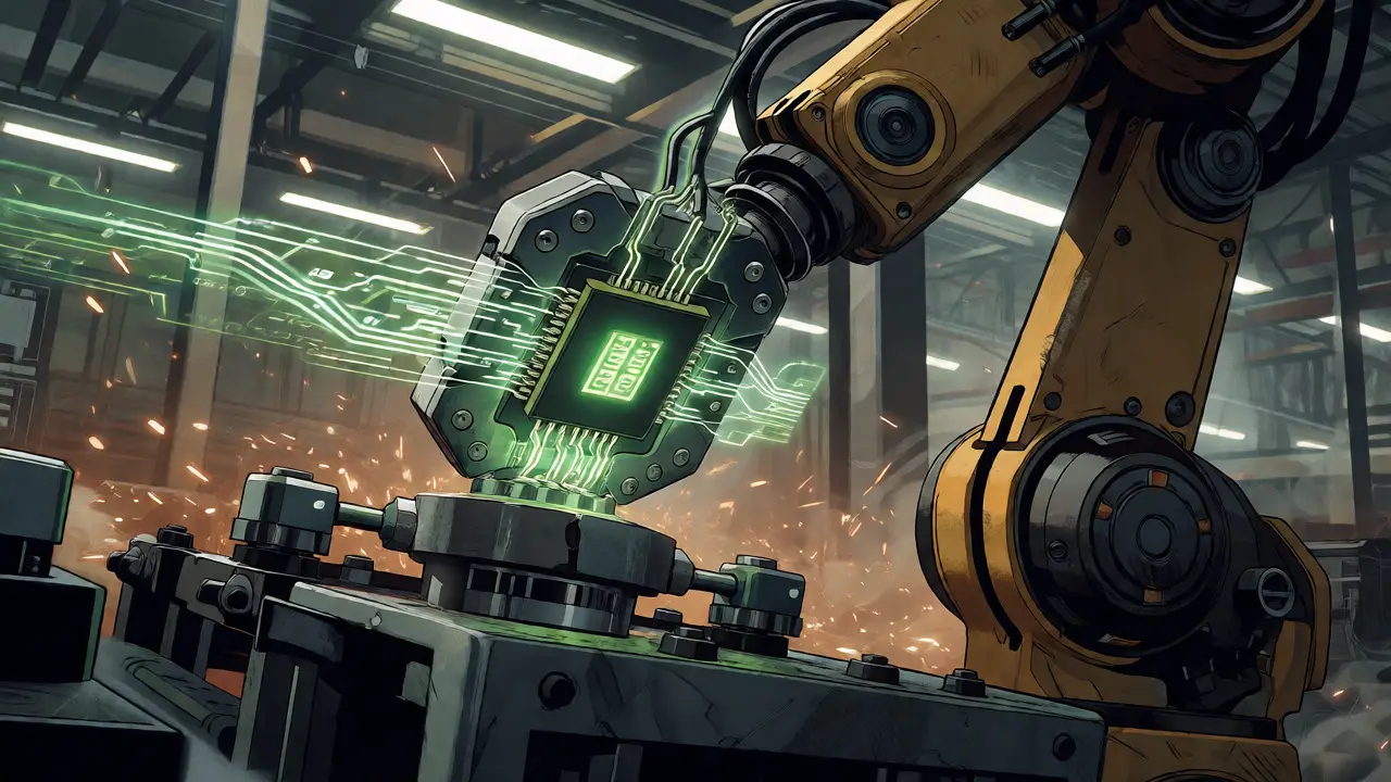 Robot arm with AI chip performing real-time factory maintenance