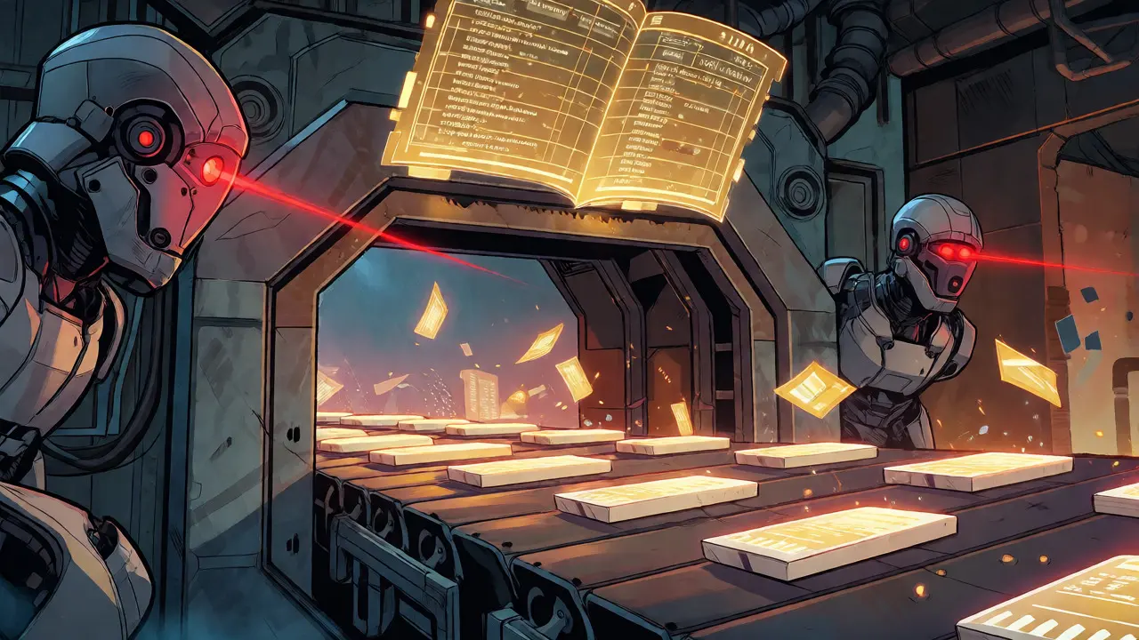 Robotic sentinels guarding a data pipeline gate while auditing logs in comic style.