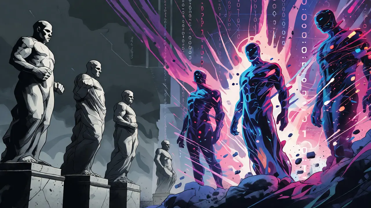 Stone statues transforming into fluid data figures, showing the shift from static to contextual embeddings.
