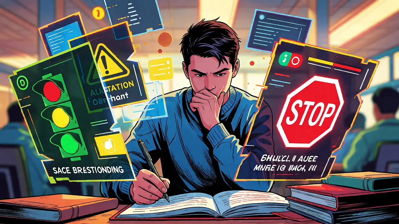Student navigating green, yellow, and red AI usage guidelines via holograms.