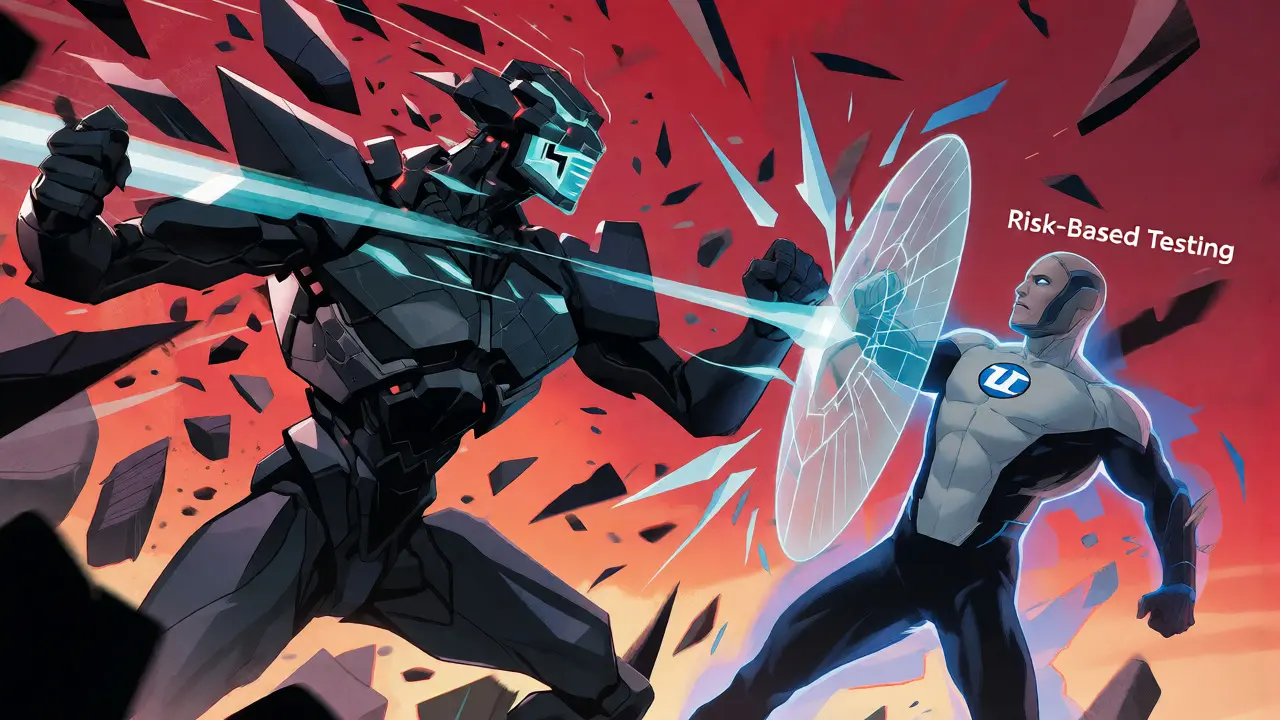 Tester hero deflecting fragmented AI error shards with a protective force field.