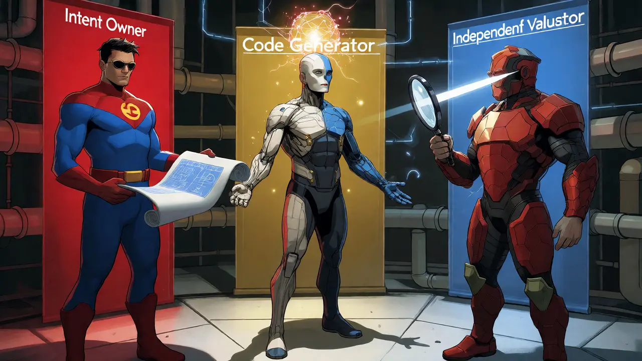 Three archetypal figures representing Intent, Generation, and Validation roles in comic art.