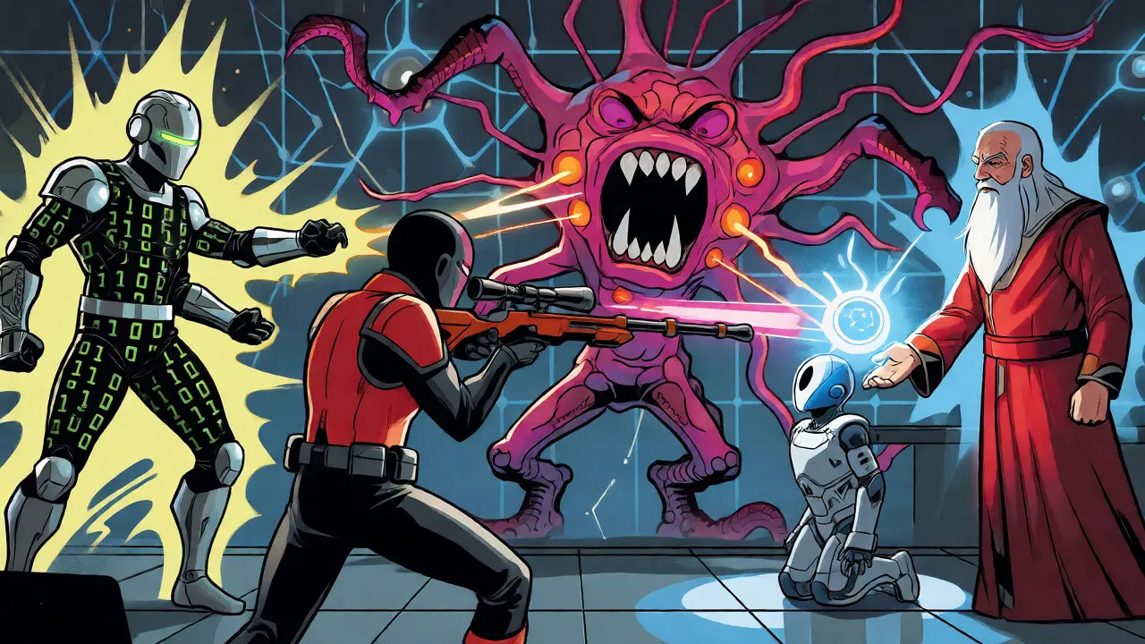 Three heroes fighting latency monster using tech powers