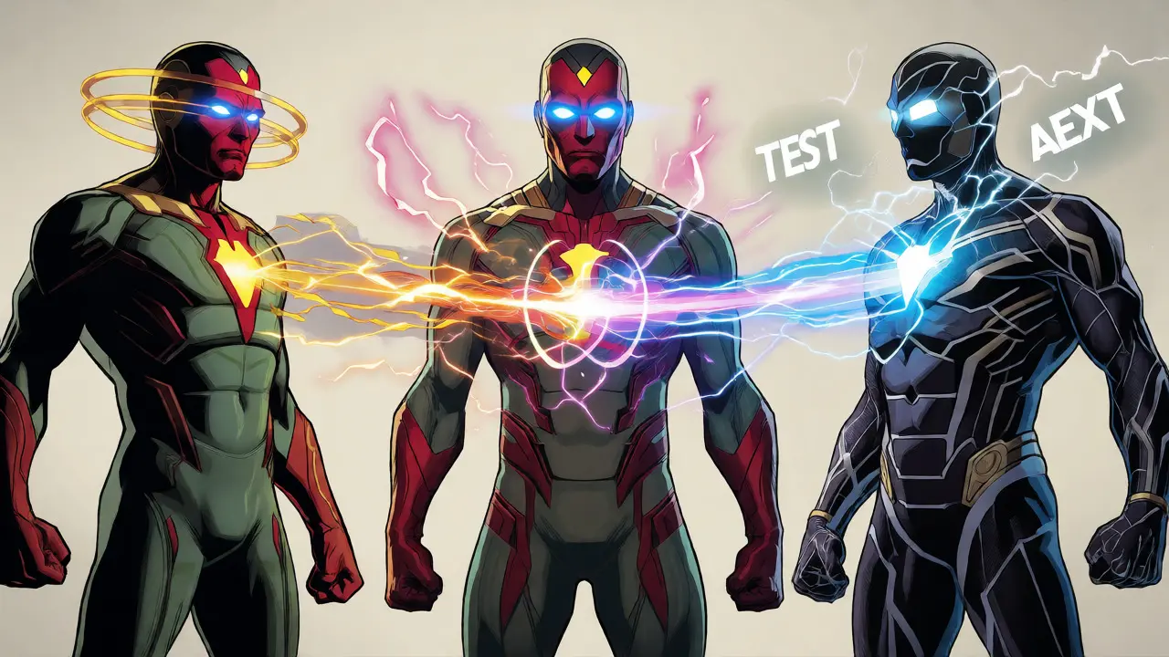 Vision, audio, and text avatars merging data in a fusion core, DC comic art