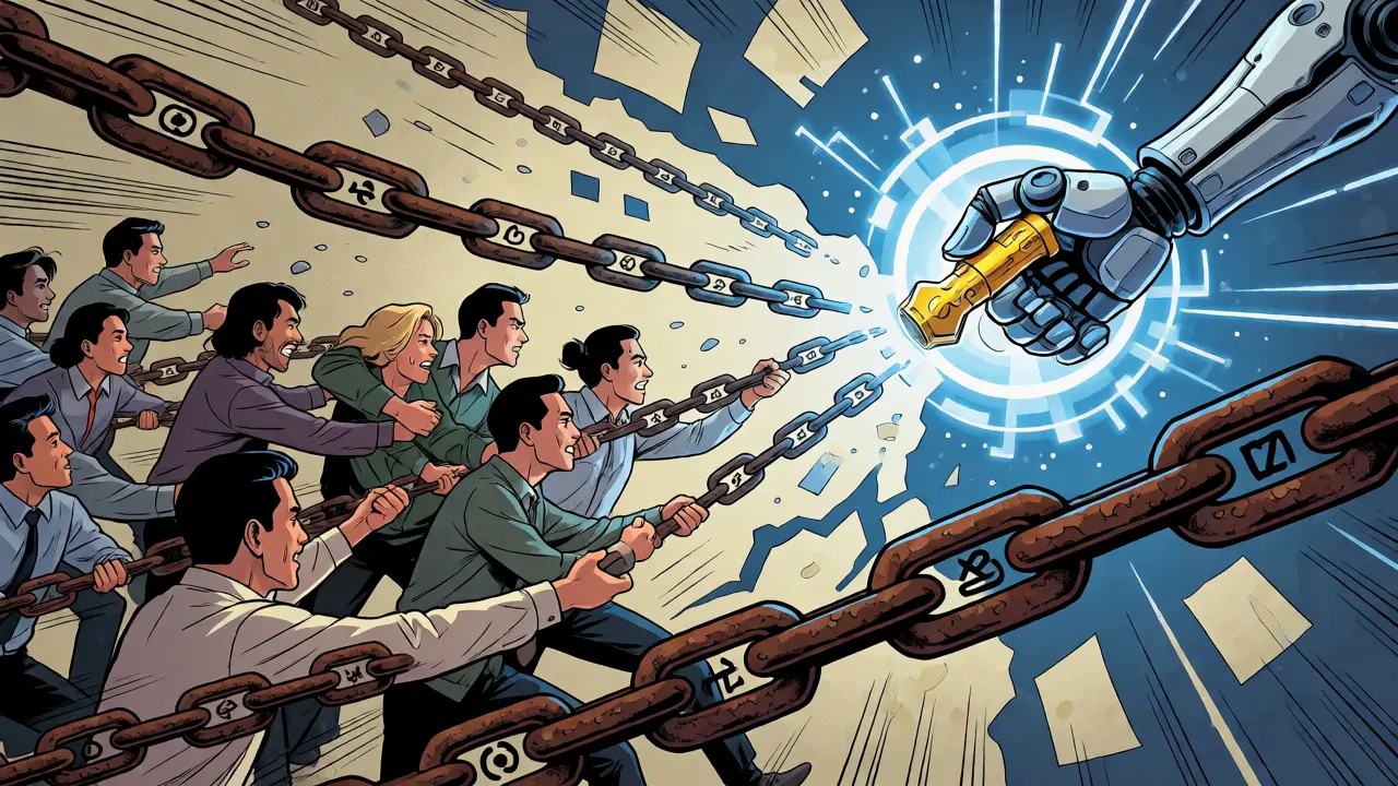Workers battling legacy workflow chains to embrace a glowing AI tool in comic art.
